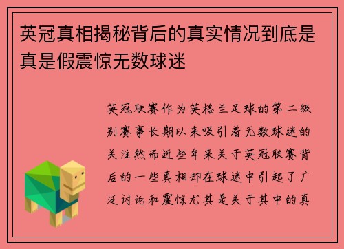 英冠真相揭秘背后的真实情况到底是真是假震惊无数球迷