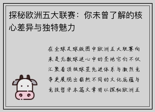 探秘欧洲五大联赛：你未曾了解的核心差异与独特魅力