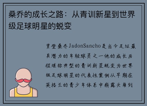 桑乔的成长之路：从青训新星到世界级足球明星的蜕变